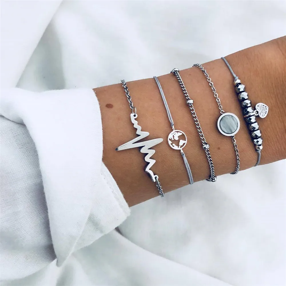 

New 5pcs/lot ECG Black Bead Heart Charm Beads Chain Map Round Stone Chain Bracelet Fashion Women Set Summer Jewelry Wholesale