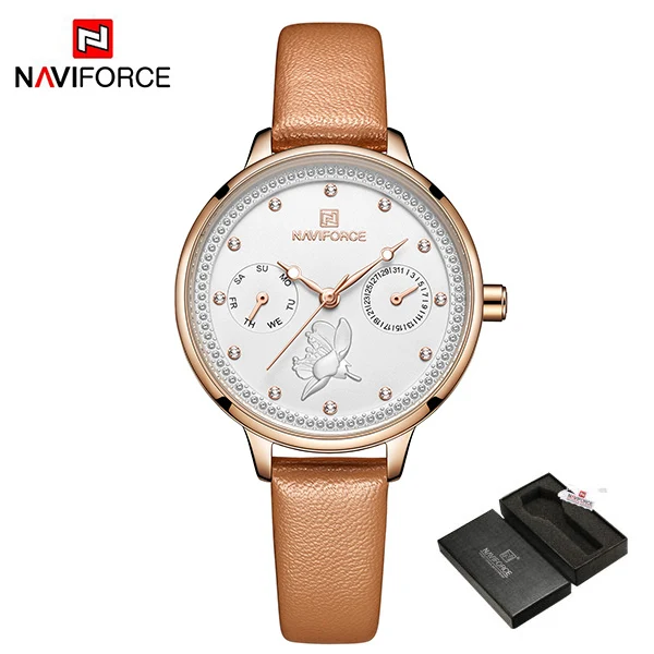NAVIFORCE Топ бренд часы кожаные Наручные часы для женщин dames horlogs donna orologio damen uhr luxus - Цвет: LightBrown-Box