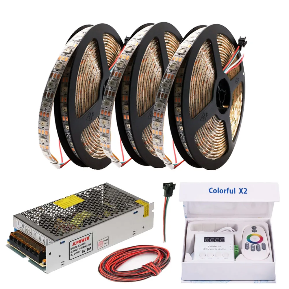 WS2812B WS2812 RGB Светодиодная лента светильник x2 RGB Led музыкальный контроллер с РЧ сенсорным пультом дистанционного управления DC5V светодиодный трансформатор комплект