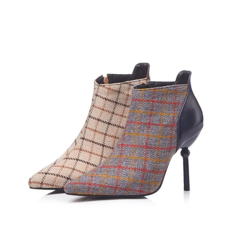 Women Boots Autumn Winter Super High Heel Warm Flock Pointed Toe Zip Ankle Chelsea Shoes 2018 Sexy New Fashion Casual Blue Brown | Обувь