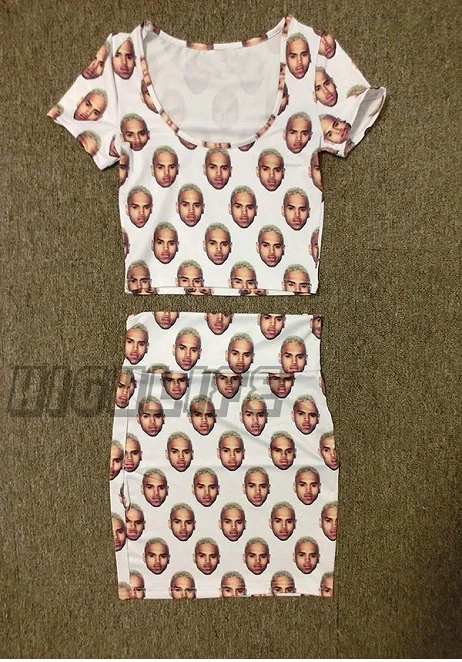 Chris Brown a set Женский 3D комплект из двух предметов, топы и юбки, набор, хип-хоп костюмы, наряды, футболки, комплект из 2 предметов, женский спортивный костюм - Цвет: Chris Brown a set