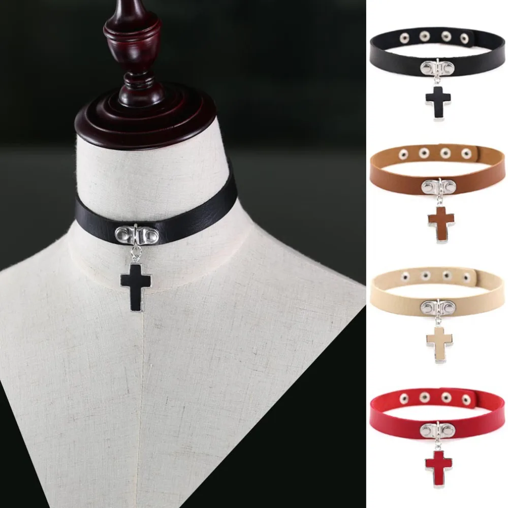 Handmade Neo Gothic Hippie Simple Ban Multi Leather Cross Pendant Charm Silvery Buttons Adjustable Choker Necklaces For Women | Украшения и