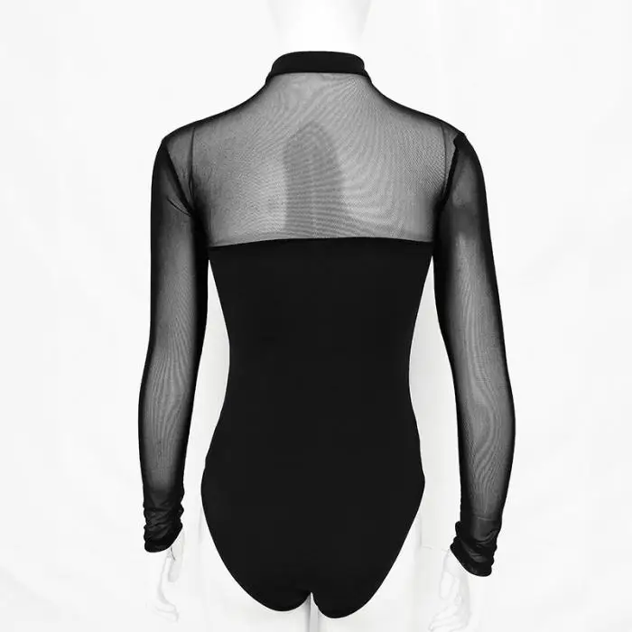 Newly Sexy Women Mesh Transparent Halter Bodysuit Long Sleeve Lace Up Hollow Skinny Jumpsuit DO99