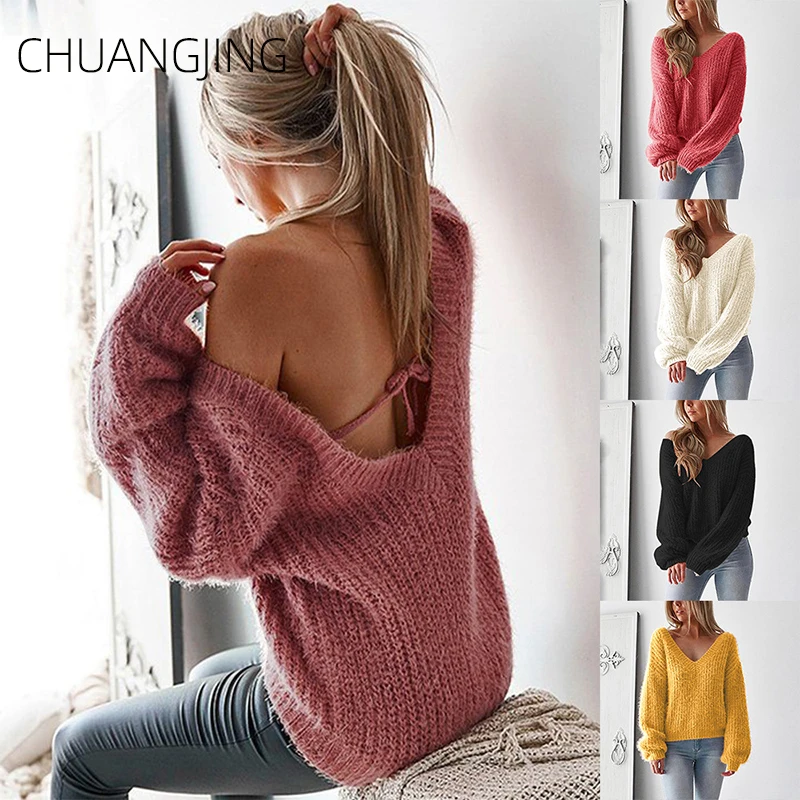 Женский вязаный свитер с v-образным вырезом повседневный Однотонный длинным