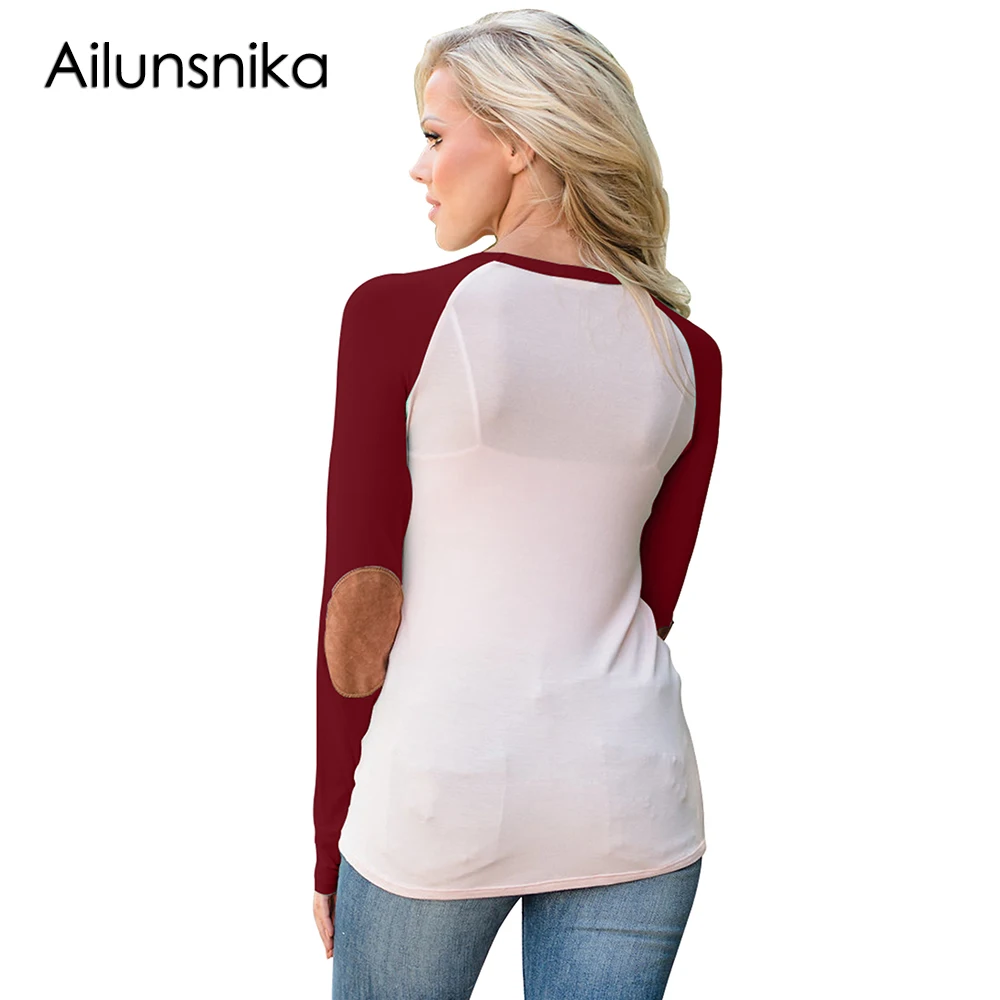 Ailunsnika New Arrival Fashion Women Casual Tops Feminine Blouses Ladies Raglan Long Sleeve Elbow Patch and Buttons Top DL250459 |