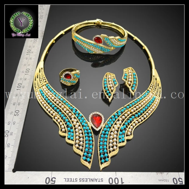 Африканский Elegent золотой Цвет позолоченные украшения голубой Хрусталь Ювелирные