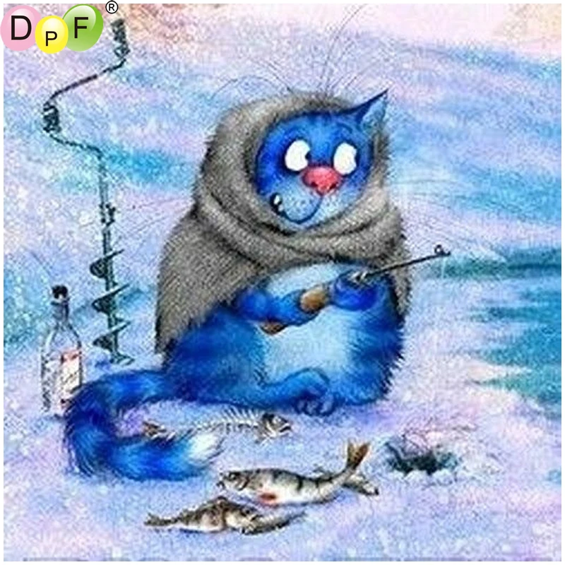DPF DIY синий кот Рыбалка 5D ремесла домашний декор Алмазная вышивка алмазная