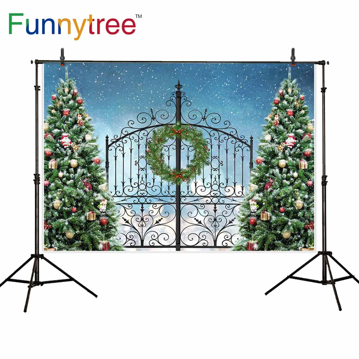 Фон Funnytree для фотостудии Рождественская елка венок винтажный Железный ворота