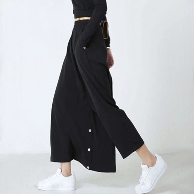 Асимметричные 2017 летние модные широкие брюки с высокой талией женские черные два