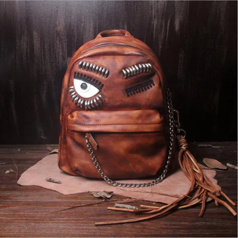 as the picture show new Women backpack Retro eyes decoration bag tassel female handmade cowhide leather Messenger shoulder bags - Цвет: as the picture show