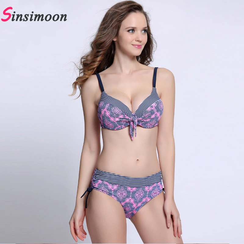 Сексуальный розовый купальник в полоску с принтом большие чашечки размеры