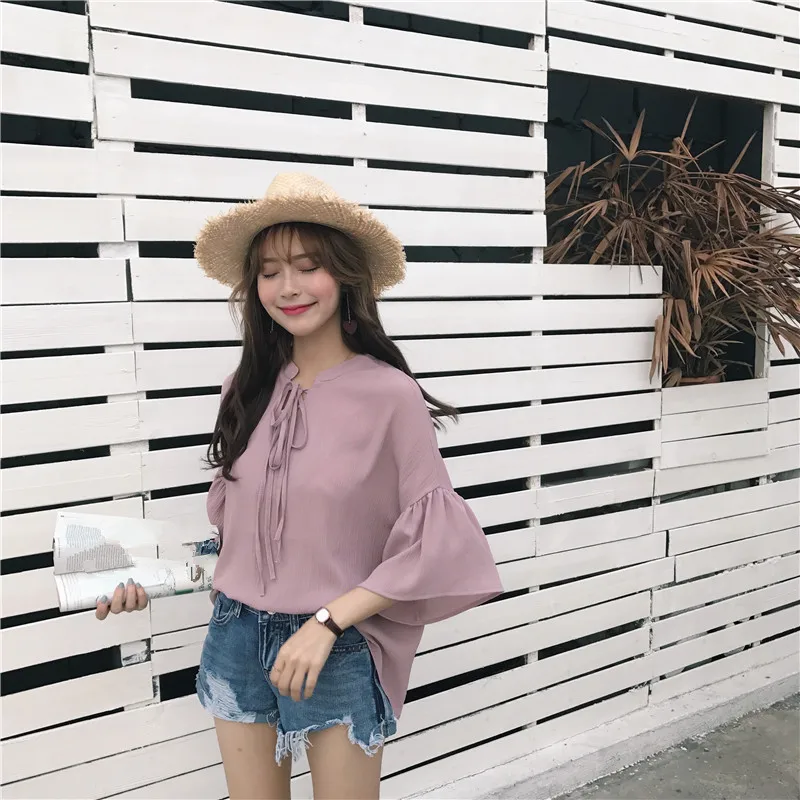 Neploe Винтаж модные однотонные шифоновые рубашки на шнуровке Половина Бабочка