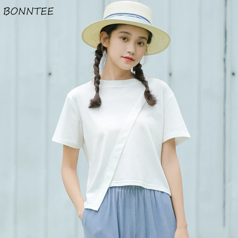 

T-shirts Women Trendy 2020 Leisure Chic Ladies All-match Tee Womens Irregular Summer Short Sleeve Solid Simple Student Tops Soft