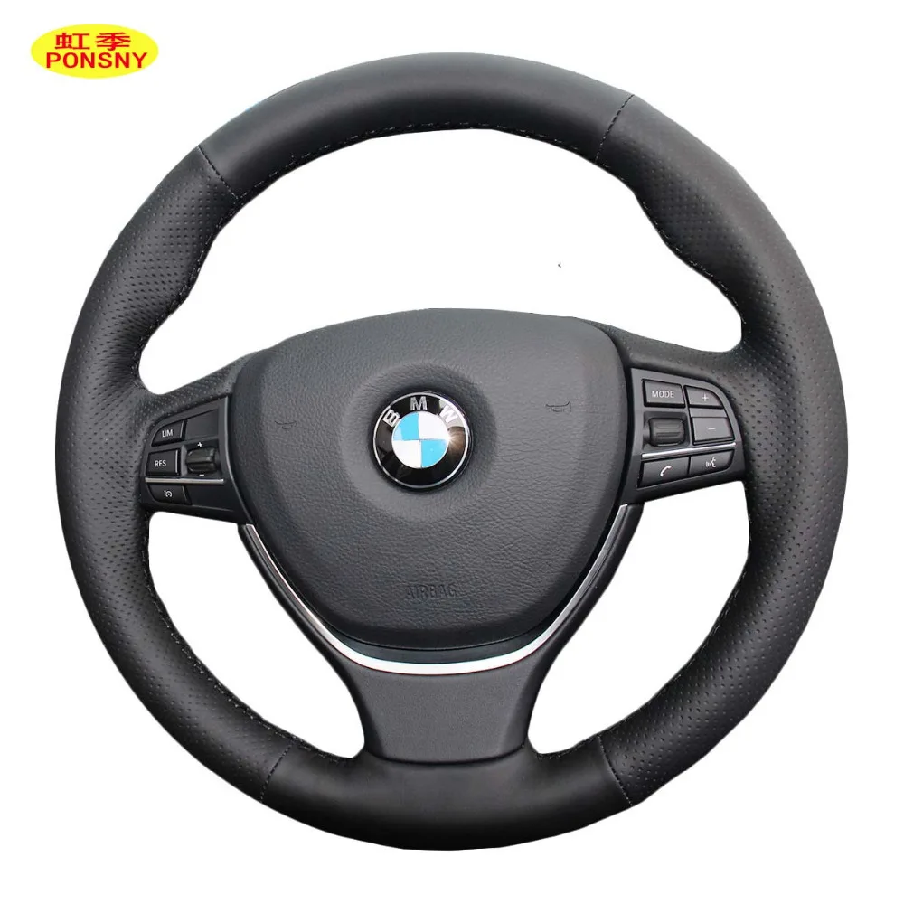 

PONSNY Car Steering Covers Case for BMW 730i 535 525i 2014 Genuine Leather Wheel Cover Hand-stithed Black