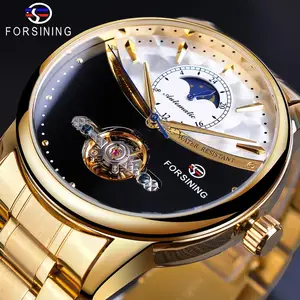 Часы наручные Forsining Мужские автоматические, автоматические механические часы-скелетоны, королевские золотые солнце, луна, автозаводной механизм, с браслетом из нержавеющей стали, 2019