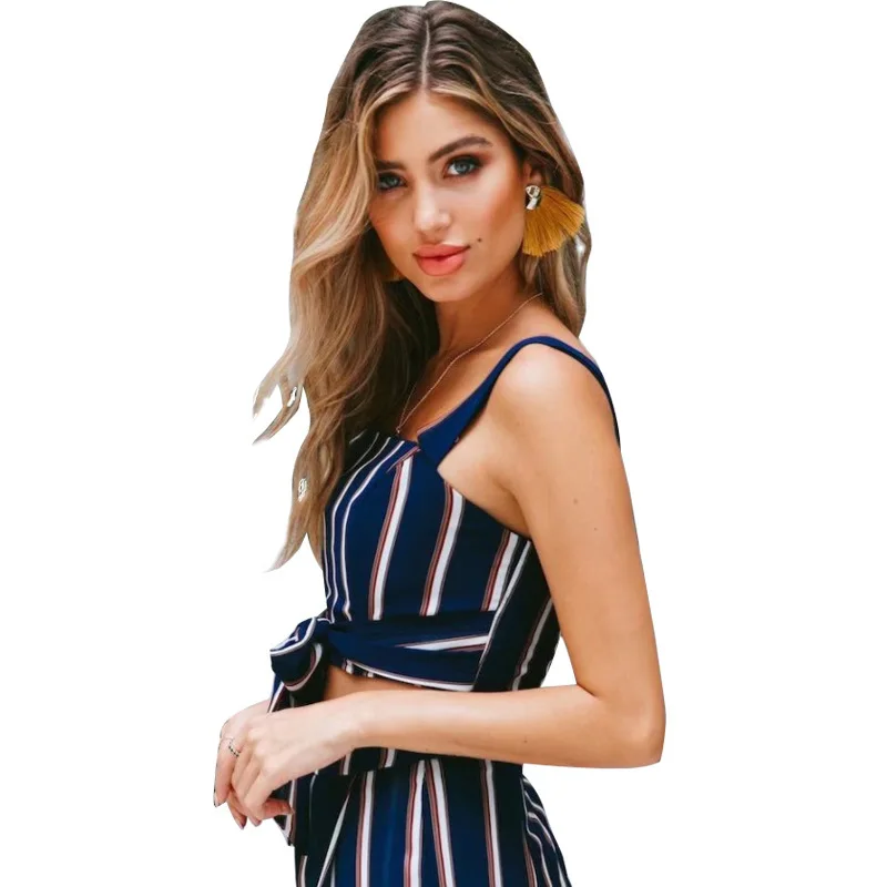 Для женщин вертикальный Полосатый жилет без рукавов широкие ноги Штаны костюм