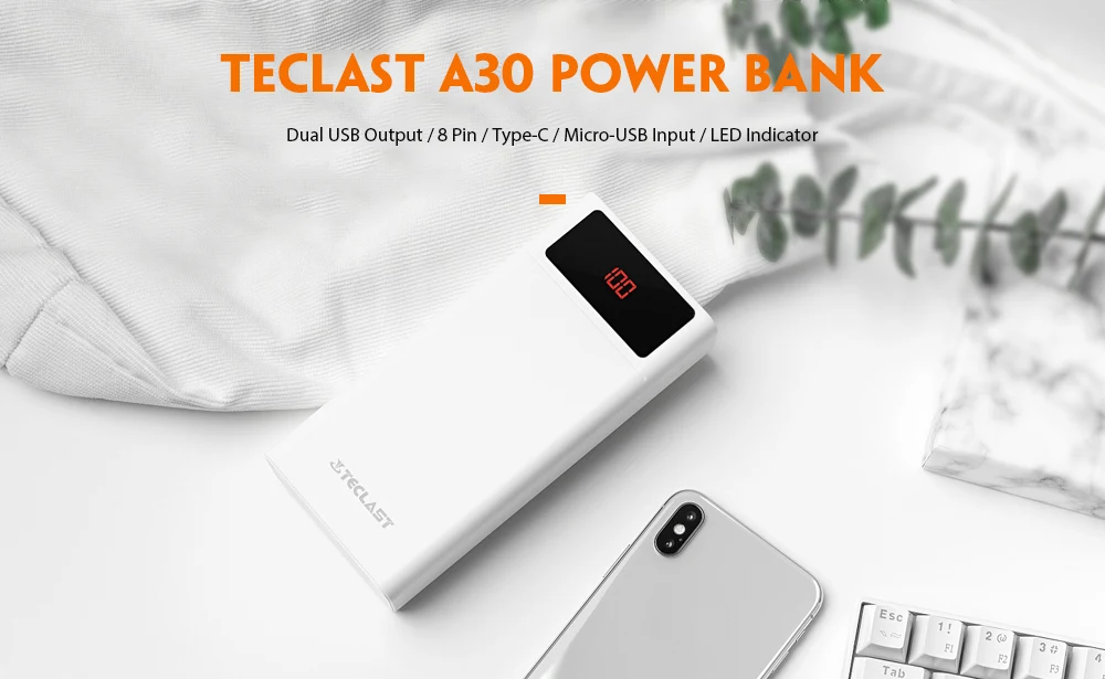 Teclast A30 30000 мАч Внешний аккумулятор с 8 pin/type-C/Micro-USB вход светодиодный индикатор двойной USB выход внешний аккумулятор для телефонов планшетов
