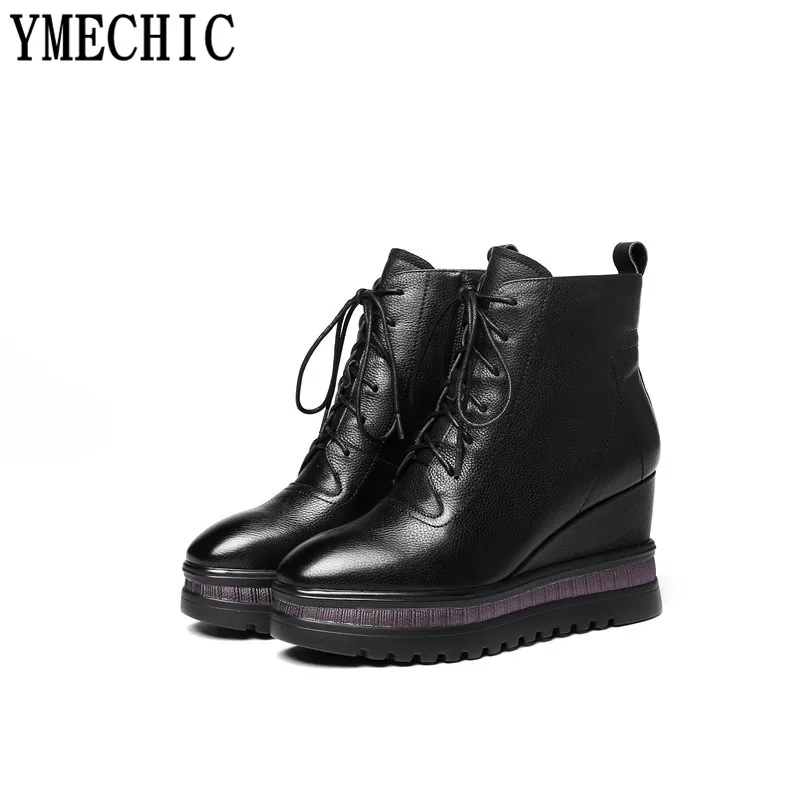 Женские ботильоны на шнуровке YMECHIC черные из натуральной бычьей кожи платформе