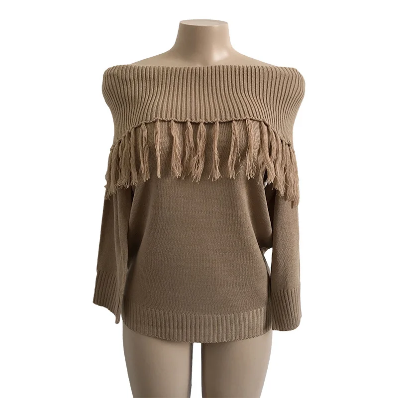 Для женщин свитер Timechee Повседневное Slash шеи кисточкой с длинными рукавами в стиле