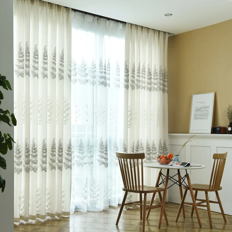 Pine leaves embroidered Simple Window Linen Curtains for Bedroom Living Room Sheer Voile Drapes Custom Made | Дом и сад