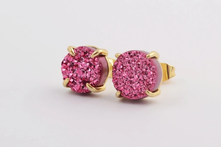 Pink Druzy BOROSA 5 пар круглый позолоченный коготь 10 мм натуральные Агаты Druzy Радуга Гальванизированный Титан смешанные цвета запонка с друзами серьги ZG0412 - Окраска металла: Pink Druzy