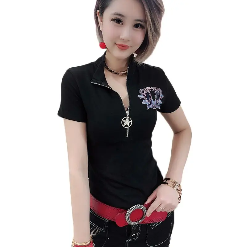 Black tshirt Пуловер с квадратным воротником, летняя женская футболка, короткий рукав, пэчворк, вышивка, тонкий топ на молнии, рубашка, одежда, Camiseta Mujer T93728 - Цвет: Black tshirt