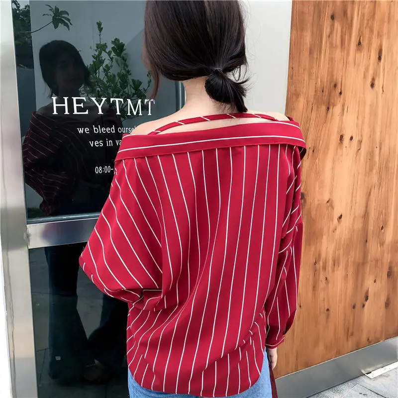 Lychee/Сексуальная полосатая блуза с открытыми плечами для девочек рубашка v