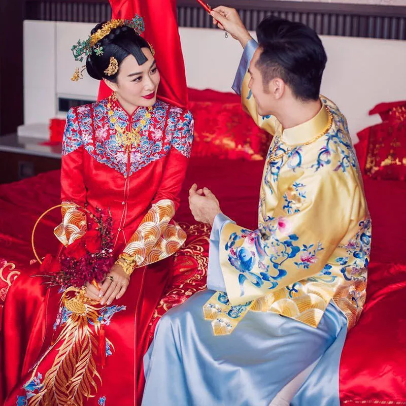 Традиционное китайское свадебное платье Qipao одежда с вышивкой дракона и феникса