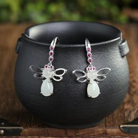 s925 sterling silver inlaid natural hetian jade white jade butterfly temperament ladies high end earrings free shipping