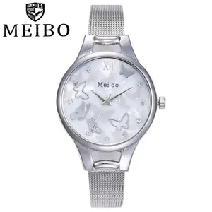Reloj mujer MEIBO Женские повседневные кварцевые часы из нержавеющей стали с бабочками аналоговые наручные часы relogio feminino prata e dourado