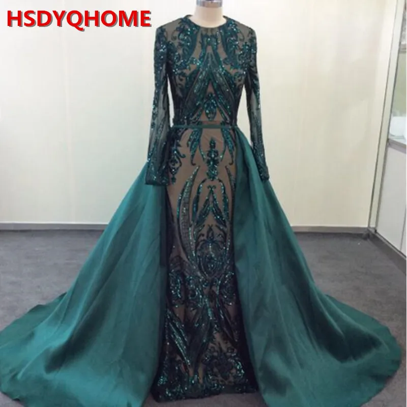 

Muslim Long Sleeve Evening Dresses With Detachable Train Sequin Bling Moroccan Kaftan Green Formal Elegant Party Gown