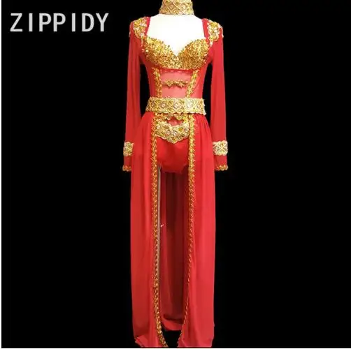 Women Fashion Dance Costume Red  Gold Bodysuit Skirt Stage Performance Two Pieces Outfit Female Singer Birthday Clothing