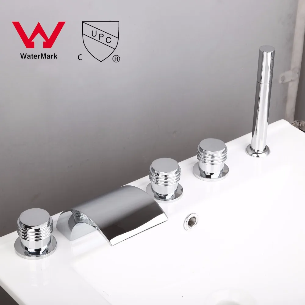 KEMAIDI Deck Mount Widespread 5pcs Bathtub Faucet Waterfall 3 Handles Mixer Tap With Hand Spray Polished Chrome Finish | Обустройство
