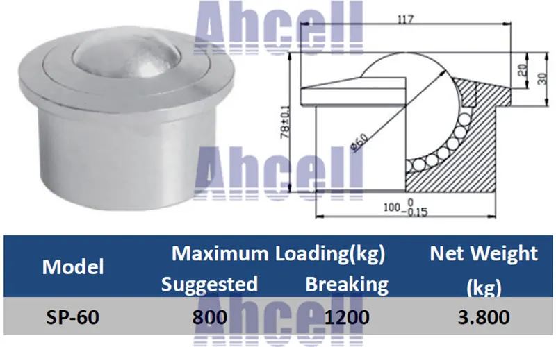 SP 60 2 3/8 дюйма шариковый подшипник 800 кг Ahcell евро тяжелая шариковая передача SP60