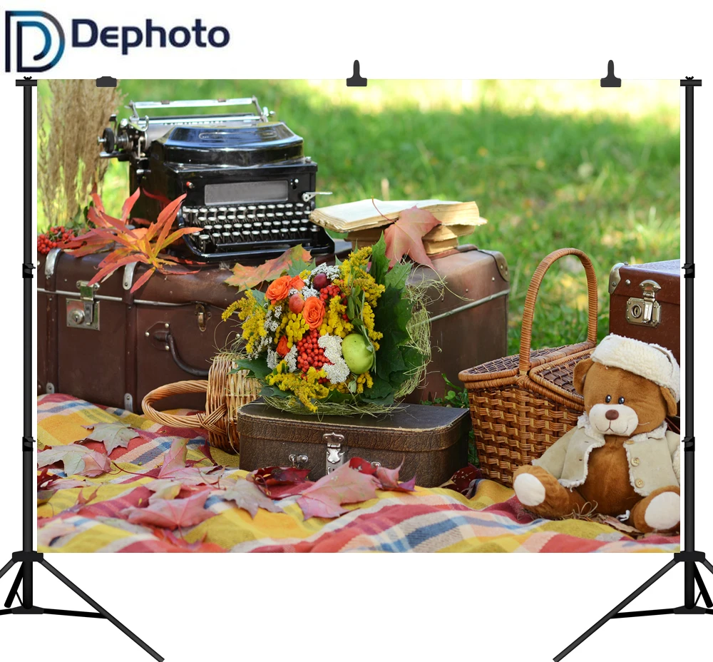 DePhoto фон для фотостудии трава природа осень Пикник Медведь Игрушка