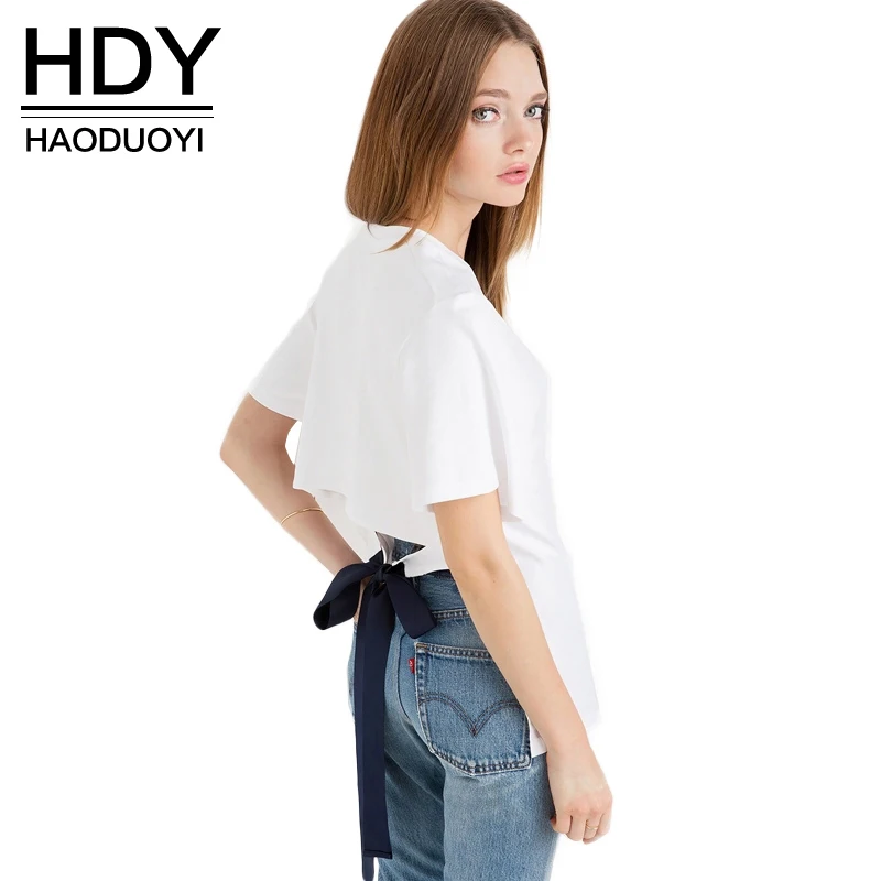 HDY Haoduoyi 2017 Модная футболка Для женщин Повседневное выдалбливают короткий рукав
