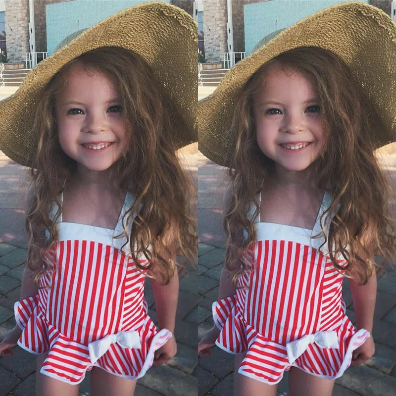 2017 Детский купальник в полоску с бантом бикини Цельный для девочек купальный