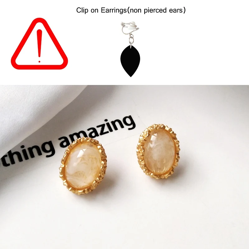 white clip earring Простые элегантные серьги-Клипсы из смолы с кристаллами, без пирсинга, винтажные металлические серьги-клипсы с овальным камнем без отверстия для ушей, Винтажные серьги - Окраска металла: white clip earring