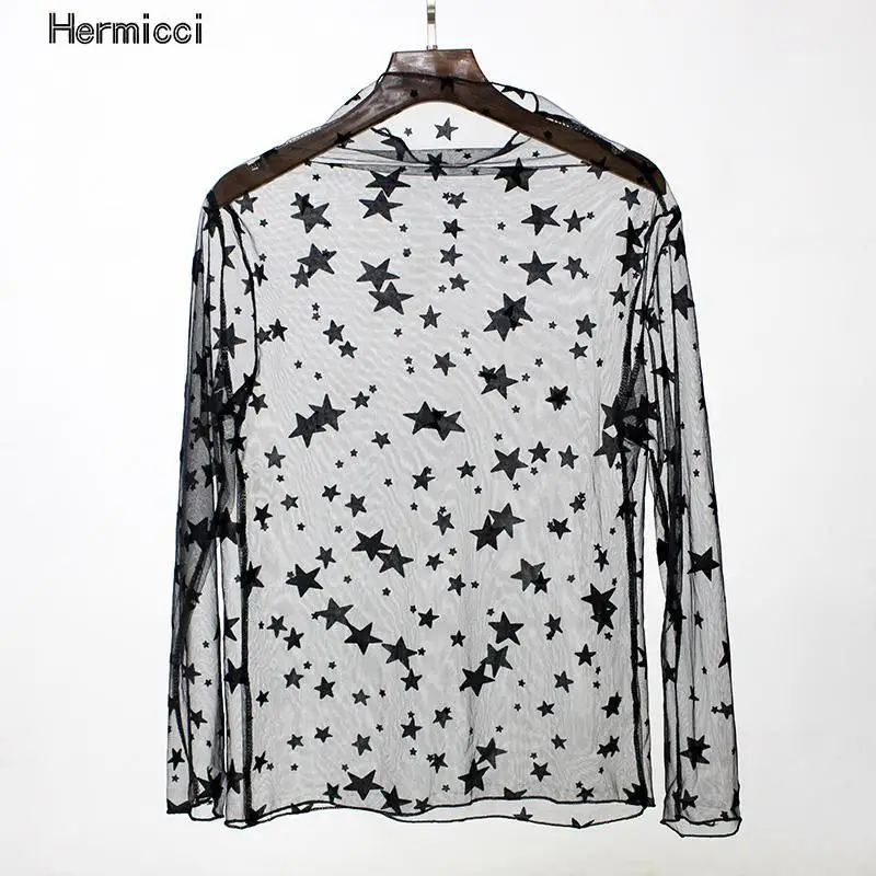 Женская прозрачная блузка с длинным рукавом черная сетчатая в стиле панк Клубная