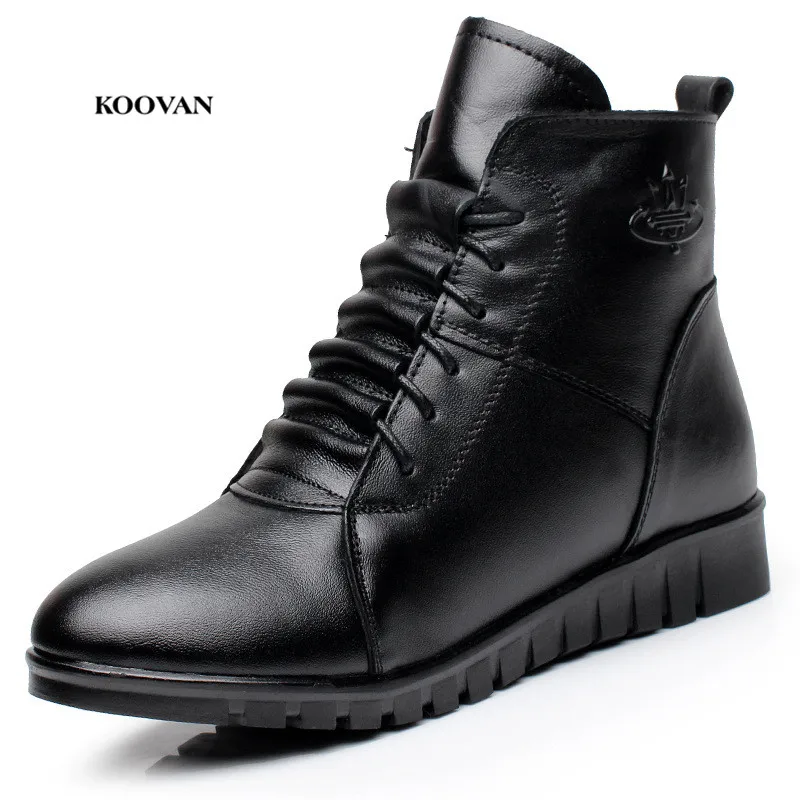

Koovan Women Winter Mommy Shoes 2017 Cotton Womens Boots Cowhide Leather Flat Ankle Middle-aged Warm Shoes Side Zip 35-43