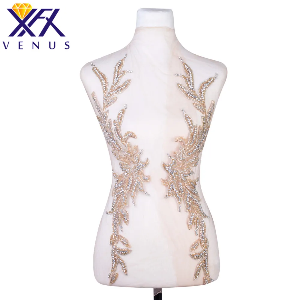 XFX 1 Piece Handmade Wedding Dress Evening Gown Rhinestone Crystal Patches Beads Trimming Beaded Applique for Party