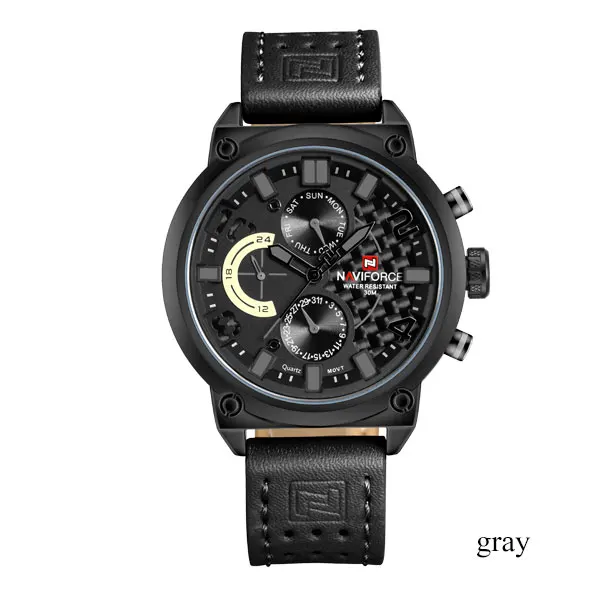 grey NAVIFORCE, люксовый бренд, мужские водонепроницаемые часы, 3ATM, Мужские Аналоговые кварцевые часы, 24 часа, дата, мужские спортивные кожаные Наручные часы - Цвет: grey