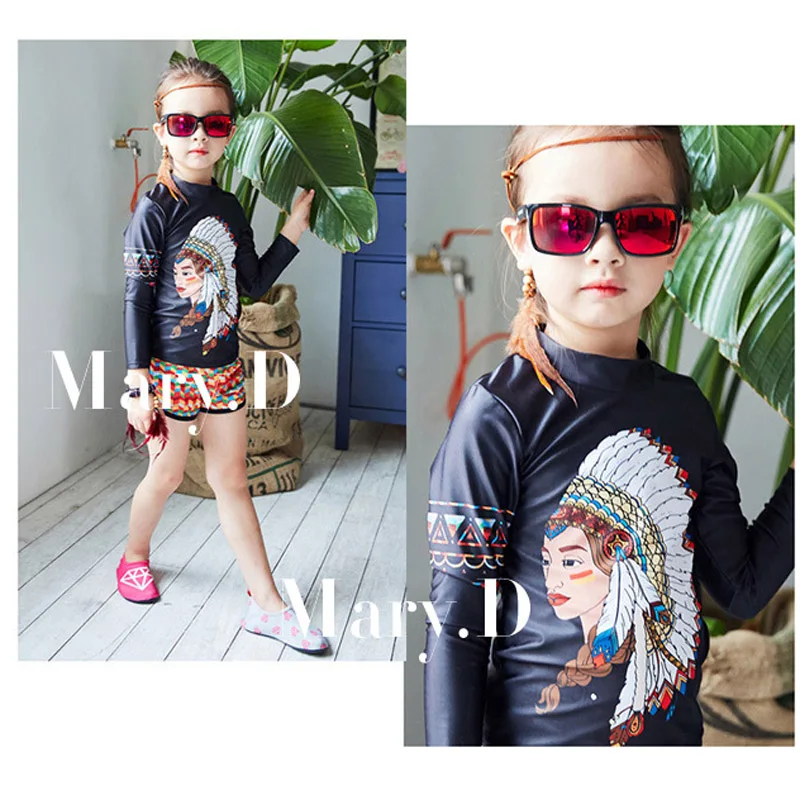 Sunny eva/купальный костюм для девочек из двух предметов; детский купальный костюм с принтом головы индейца; купальный костюм с длинными рукавами и шортами или штанами для детей