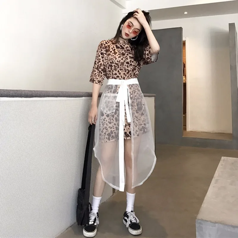 CHICEVER Summer Costumes For Women 2018 Leopard Long T-shirt Sezy Transparent Lace Up Split Skirt Women's Suit Fashion Tide |