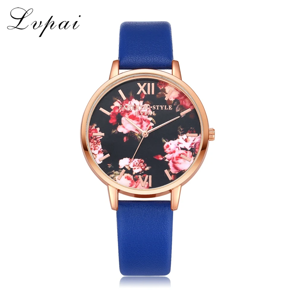 Blue Lvpai Брендовые женские часы-браслет модные цветы из розового золота кожа простые ЖЕНСКИЕ НАРЯДНЫЕ часы Роскошные бизнес-часы в подарок - Цвет: Blue