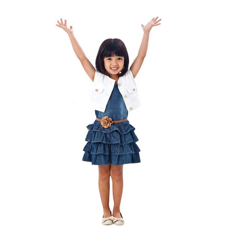 2pcs Baby girl Dress Jacket Suits belt kids Summer Denim vest dress Children Girls clothes Jeans 2-7 Y |