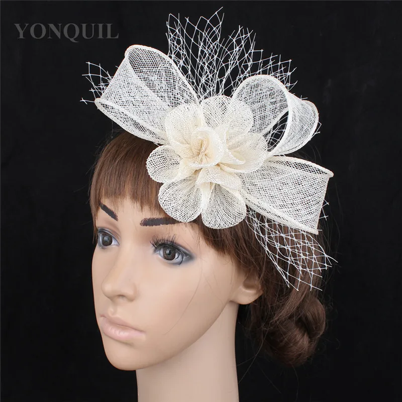 

Sinamay Headwear With Veils Fascinators Elegant Women Church Wedding Race Headdress Linen Event Vintage Ladies Hair Accessories