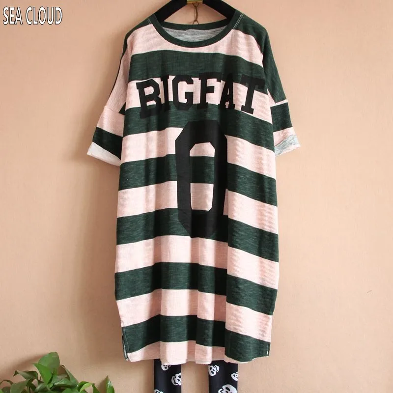 

82 Free shipping summer plus size clothing loose short-sleeve t-shirt stripe Korean cotton big long design shirts 100kg