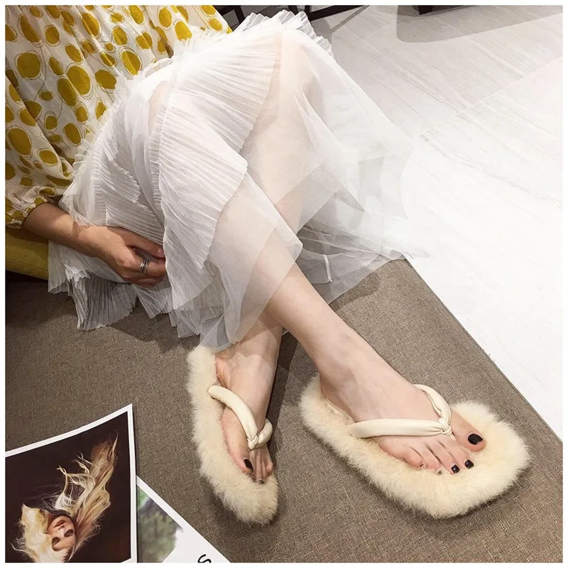 SUOJIALUN/; модные женские меховые тапочки; женские слипоны на плоской подошве; женские пушистые меховые Вьетнамки; домашние шлепанцы на плоской подошве