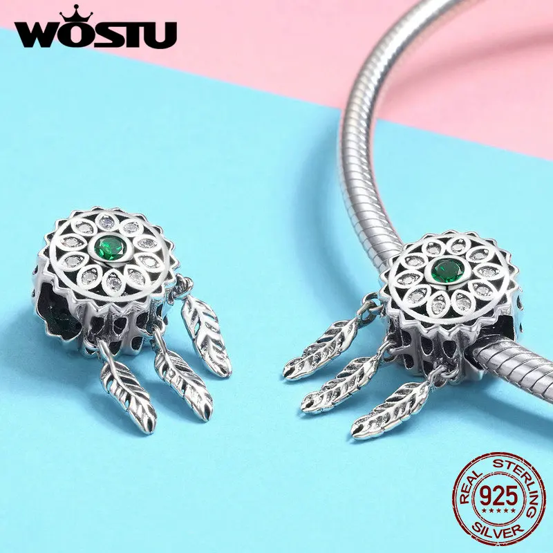 WOSTU,, 925 пробы, серебряный, Богемия, мечта, Круглый, Ловец, бусины, шарм, подходит для женщин, браслет, ожерелье, модное ювелирное изделие, подарок CQC893